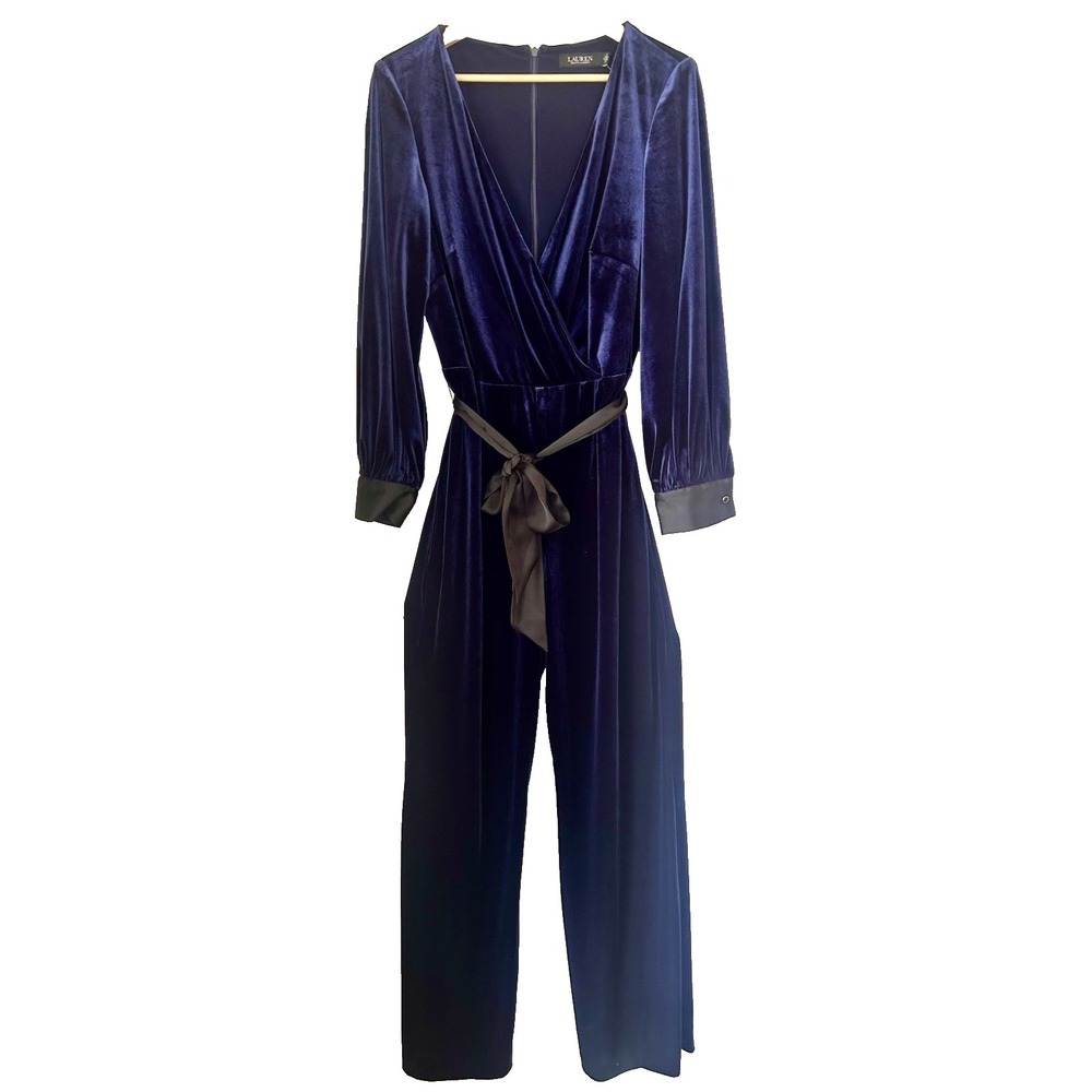 LAUREN RALPH LAUREN Women's Elegant Belted‎ Velvet Jumpsuit Navy/Black Sz 14 NWT